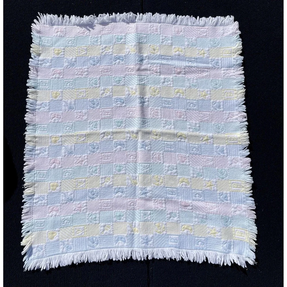 Vintage Pastel ABC Baby‎ Blanket Textured Alphabet Stars Moons Hearts Fringe